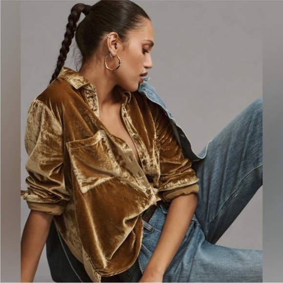 Anthropologie Tops - Anthropologie The Hadley Relaxed Buttondown Shirt Pilcro Velvet Edition Khaki 2X
